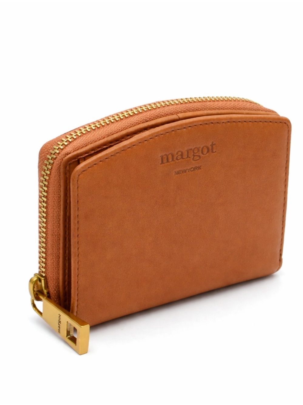 Margot New York Cognac Leather Wallet Zip Around Compact Card Holder NWT